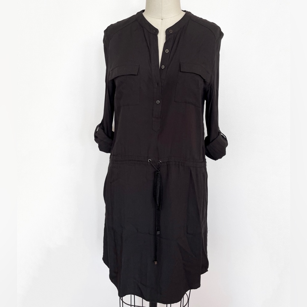 Black Casual Shirt Dress with Roll Tab Sleeves & Drawstring Waist, M, Lou & Grey